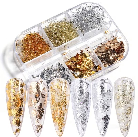 GUAPÀ® Nagel Folie Vlokken - Nail Art - Nagellak - Gellak - Acryl Nagels - Nagel Folie Goud en Zilveren - Nagel Glitters - Nail Art Folie Vlokken 6 pcs