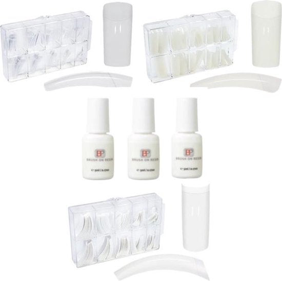 Nepnagel Set 3 x 100 stuks in 3 kleuren - Transparant, Naturel & Wit + 3 x 5 ml Nagellijm met kwastje