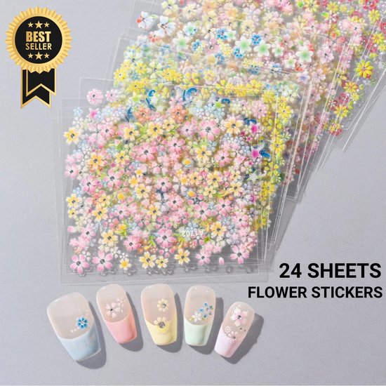 GUAPÀ® Bloemen stickers | 24 vellen Diverse Nagel Stickers |500pcs 3D Bloemen Diverse kleuren