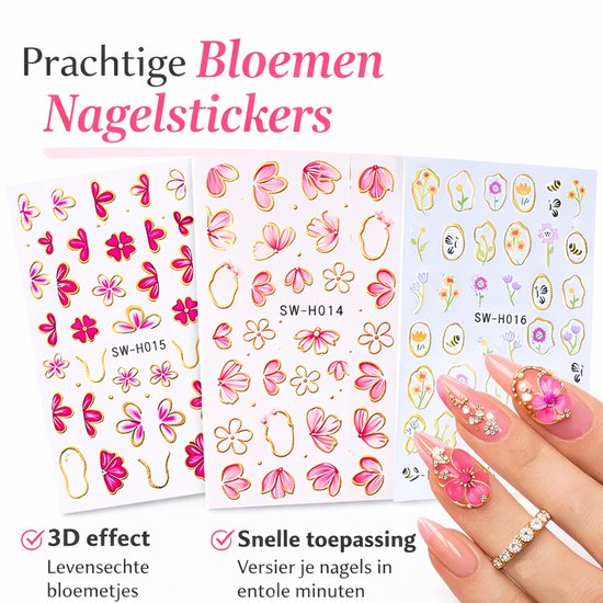 GUAPÀ® Nagelstickers Bloementjes 5D Goud Roze en Glitters | 3 Vellen | Nail Decals | Nagelversiering | Gellak | Nagellak | Acryl Nagels | 5D Bloemen Stickers Nagels | Diverse kleuren Bloemetjes 5D Nagel Stickers 3 Velletjes