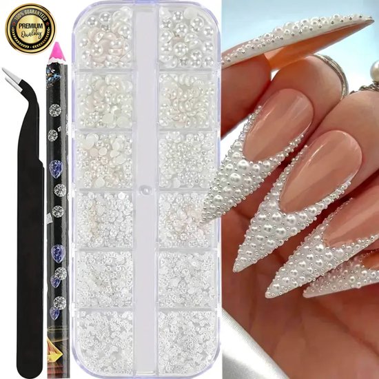 GUAPÀ® Rhinestones Witte Parels 12 diverse maten | Strass Steentjes | Diamantjes | Nagel Versiering | Nail Art | Nagel Glitters | Pailletjes | Nail Art Rhinestones 12 delig inclusief Dotting Tools Witte Parels