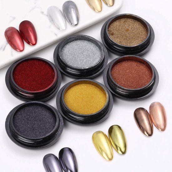 GUAPÀ® Holografische Glitter Poeder Set | 6 Nail Art glitters | Nail Art & Nagel Decoratie | Spiegel en pigment poeder | Chrome Nagels | Goud, Rood, Zilver | 6 stuks diverse kleuren nagelpoeder