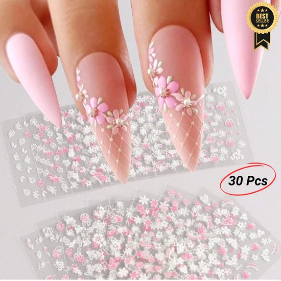 GUAPÀ® Nagelstickers | Bloemen stickers Roze | 30 vellen Diverse Nagel Stickers | Nail Art | Nagel stickers | nagelversiering | zelfklevende nagelstickers | 30pcs 3D Bloemen Nagelstickers Roze