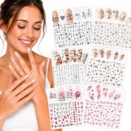 GUAPÀ® Nagel Stickers 6 Vellen - 4D Nagelstickers - Nagel Decoratie & Versiering Folie - Nagelstickers - Nepnagels - Gellak - Nagel Versiering - DIY Nails - 6 Sticker Vellen Nagels