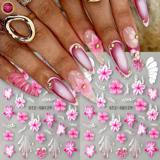 GUAPÀ® Nagelstickers Bloementjes 5D Wit Roze | Nail Decals | Nagelversiering | Gellak | Nagellak | Acryl Nagels | 5D Bloemen Stickers Nagels | Wit Roze Bloemetjes 3D Stickers 1 Velletje