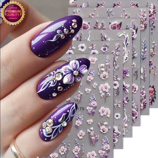GUAPÀ® Nagelstickers Bloemen 6 Vellen | Bloementjes stickers | Nail Art | Nagel stickers | Nagelversiering | Zelfklevende Nagelstickers | 3D Bloemen Paarse Taupe Kleuren 6 Vellen