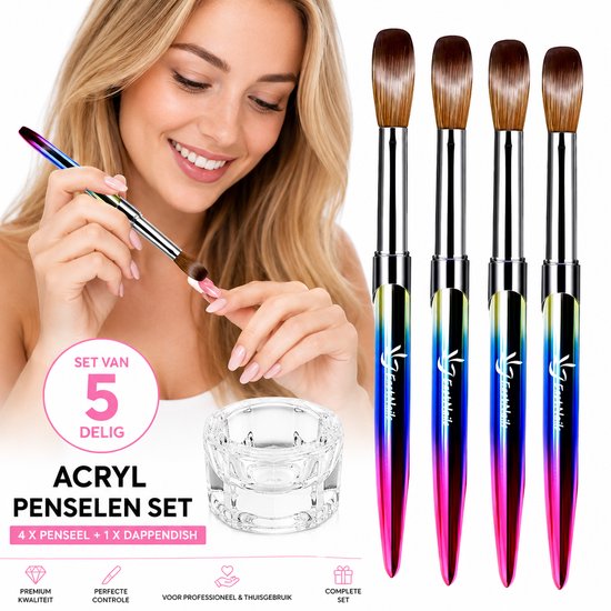 GUAPÀ® Acryl Penselen Set 4 Stuks | Acryl Penseel | Nagel Penselen | Acryl Nagels | Met Dappendish Glaasje | Nail Brush | Nepnagels | Acrylic Nails | Acryl Brush | Acryl Forms | 4 Pcs Acryl Penselen Diverse Maten + Dappendish Acryl Glaasje