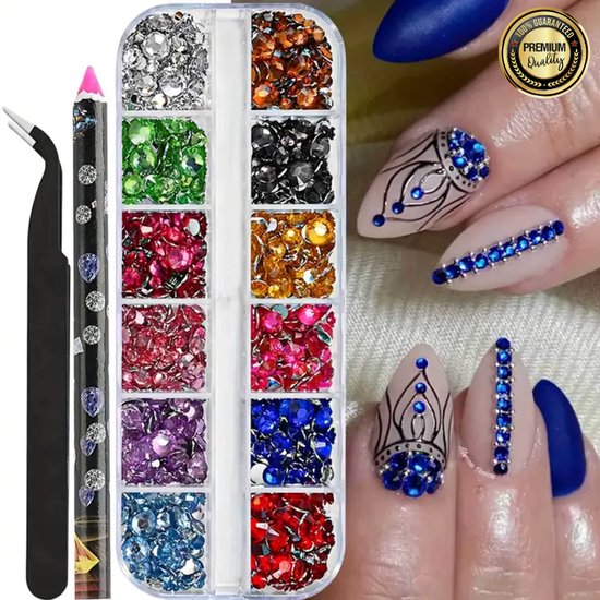 GUAPÀ® Rhinestones Multi Color 12 diverse maten | Strass Steentjes | Diamantjes | Nagel Versiering | Nail Art | Nagel Glitters | Pailletjes | Nail Art Rhinestones 12 delig inclusief Dotting Tools Multi Kleuren