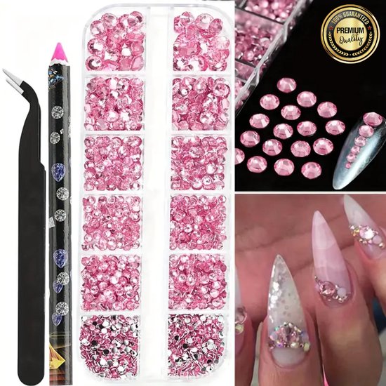 GUAPÀ® Rhinestones Roze 12 diverse maten | Strass Steentjes | Diamantjes | Nagel Versiering | Nail Art | Nagel Glitters | Pailletjes | Nail Art Rhinestones 12 delig inclusief Dotting Tools Roze Kleur
