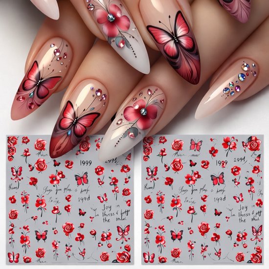 GUAPÀ® Nagelstickers Roosjes en Vlinder 2 vellen 5D Stickers | Nail Decals | Nagelversiering | Gellak | Nagellak | Acryl Nagels | 5D Bloemen Stickers Nagels | Rode Bloemetjes en Vlinders 5D Nail Stickers 2 Vellen