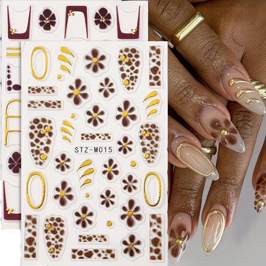 GUAPÀ® Nagelstickers Bloemetjes 2 Vellen | Nail Decals | Nagelversiering | Gellak | Nagellak | Acryl Nagels | 5D Bloemen Stickers Nagels | Taupe Roze Bloemen Panter effect 5D Nagelstickers 2 Vellen