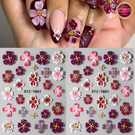GUAPÀ® Nagelstickers Bloementjes 5D Roze Paarse | Nail Decals | Nagelversiering | Gellak | Nagellak | Acryl Nagels | 5D Bloemen Stickers Nagels | Paars Roze Bloemetjes 3D Stickers 1 Vel