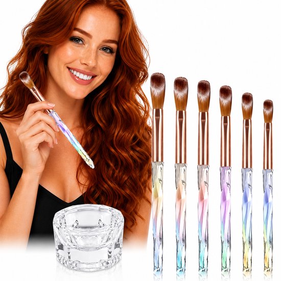 GUAPÀ® Acryl Penselen Set 6 Stuks | Acryl Penseel | Nagel Penselen | Acryl Nagels | Met Dappendish Glaasje | Nail Brush | Nepnagels | Acrylic Nails | Acryl Brush | Acryl Forms | 6 Pcs Acryl Penselen Diverse Maten + Dappendish Acryl Glaasje