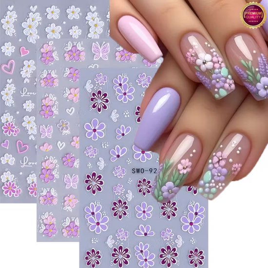 GUAPÀ® Nagelstickers Bloementjes 3 Vellen | Nail Decals | Nagelversiering | Gellak | Nagellak | Acryl Nagels | 3D Bloemen Stickers Nagels | Paars Witte Bloemen 3D Nagelstickers 3 Vellen