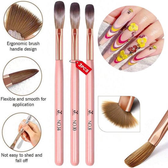 GUAPÀ® Acryl Penseel | 3 Acrylic Brushes | Nagel Penselen | Nail Art penselen | Nail Brush | Nepnagels | Acrylic Nails | Acryl Brush Nr 8, Nr 10, Nr 14 | Acryl Forms | 3 Acryl Penselen Roze