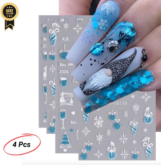 GUAPÀ® Nagelstickers Kerst | Diverse Patroontjes Winter Feest Stickers Nagels | 3D Nagelstickers | 4 Vellentjes Nail Decals Kerst Blauw en Wit Glitters