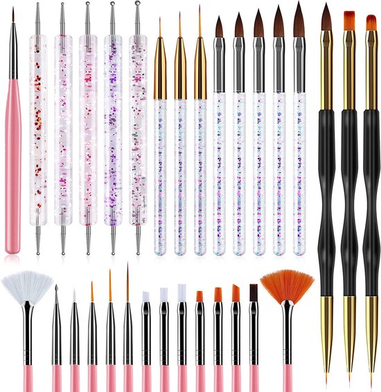 GUAPÀ® 31 Delige Nail Art Gel Penselen Set | Nail Brushes | Nagel Penselen | Gel Penselen | Dotting Tools | Stipjes en Vormen Nagels | Nagel Penselen Set 31-delig