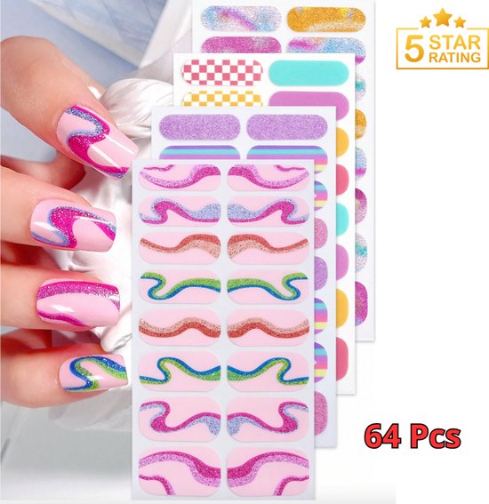 GUAPÀ® Nail Wraps Nagellak Nagelstickers | 64 Pcs Glitter Nagels | Nail Art | Nagel Folie | Diverse kleuren Nail Wrap | 4 Vellen Nagelstickers | Plaknagels | 64 Pcs Nail Wrap Nagelstickers Glitters Multi Color Nail Art