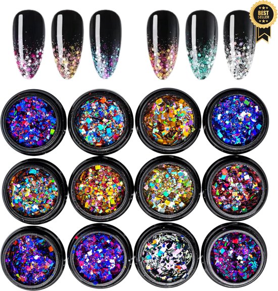 GUAPÀ® Nagel Glitter Poeder Set | 12 Nail Art glitters | Kameleon Poeders | Nail Art & Nagel Decoratie | Palletten en Rhinestones | Chrome Nagels | 12 stuks diverse kleur Nagel Glitter Poeders