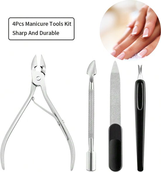 GUAPÀ® French Manicure & Pedicure Set - Uitgebreide 4-Delige RVS Nagel Verzorging Set - Reisset voor Nagelverzorging - Manicureset Pedicureset Nagel Verzorging Nagelriem Trimmer Bokkenpoot & Nagelriem schaartje