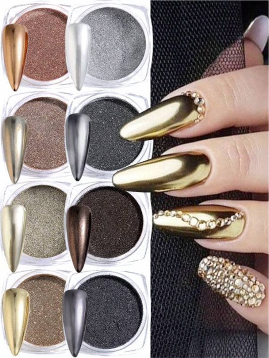 GUAPÀ® Holografische Glitter Poeder Set | 8 Nail Art glitters | Nail Art & Nagel Decoratie | Spiegel en pigment poeder | Chrome Nagels | 8 stuks diverse winter kleuren nagelpoeder