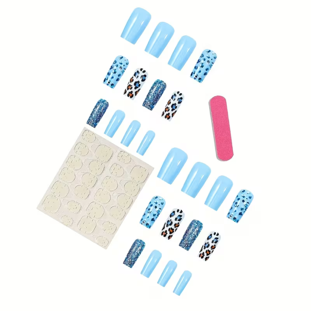 Plaknagels 24 Pcs Luipaard Licht Blauw | Nagel Tips | Kunstnagels
