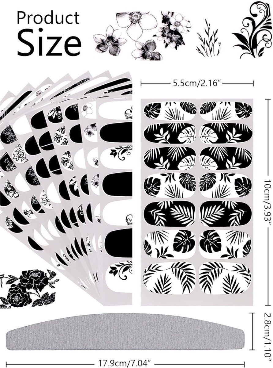 Nail Wraps Nagelstickers 12 pcs | Zwart Wit Bladeren