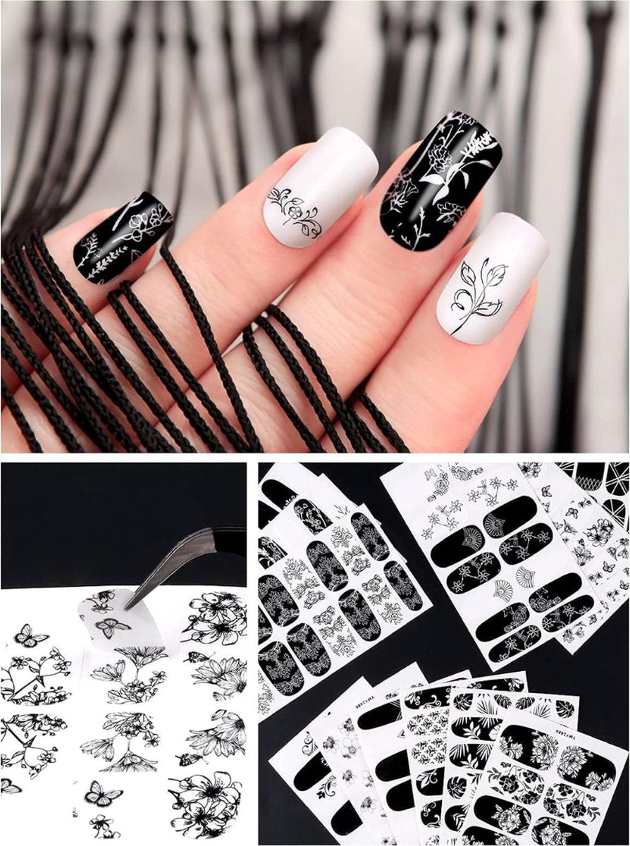 Nail Wraps Nagelstickers 12 pcs | Zwart Wit Bladeren