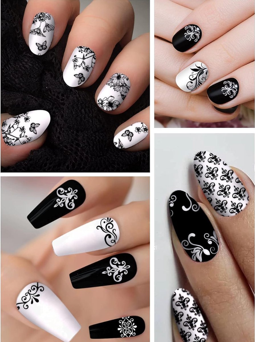 Nail Wraps Nagelstickers 12 pcs | Zwart Wit Bladeren