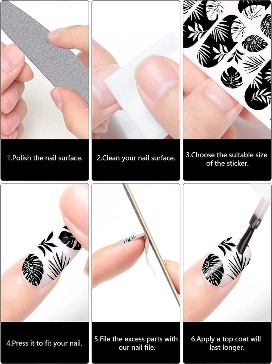 Nail Wraps Nagelstickers 12 pcs | Zwart Wit Bladeren