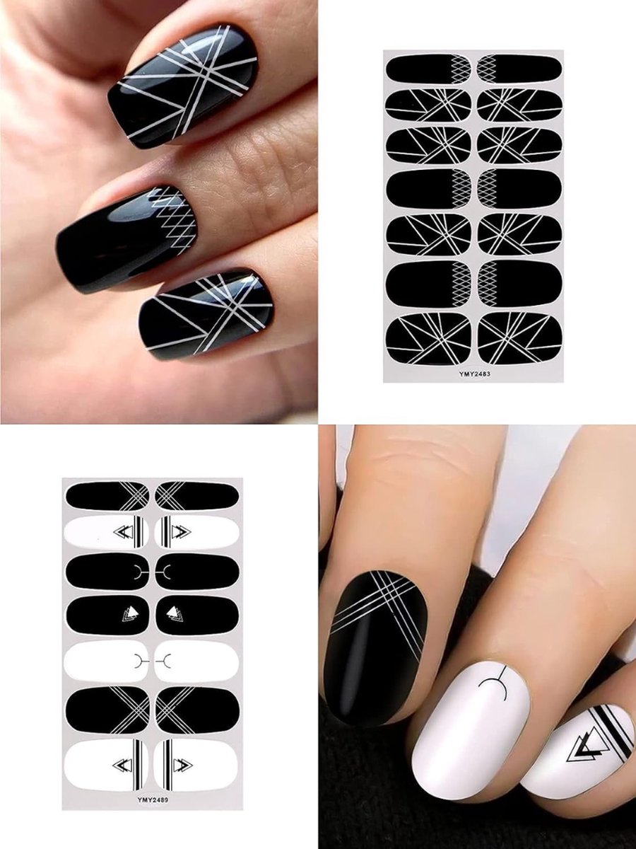 Nail Wraps Nagelstickers 12 pcs | Zwart Wit Bladeren