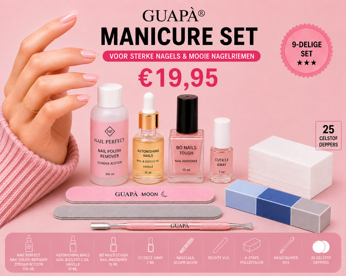GUAPÀ Professionele Manicure Set – 9-Delig voor Sterke Nagels & Verzorgde Nagelriemen