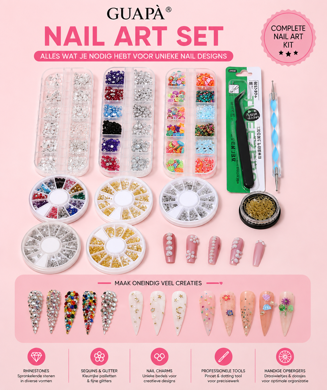 GUAPÀ® Nail Art Starterspakket Compleet | Diamantjes | Rhinestones | Nagel decoratie | Nail Art glitters | Nail Art Penselen | Dotting penseel | 11 Delige Nail Art kit