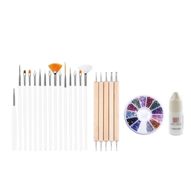 GUAPÀ - Nagel Penselen Set Wit + Rhinestones Diverse Kleuren + Druppel & Dotting Pennen + Nagellijm - Nail Art, Acryl & Gel Nagels - 4 Delige Set - Gio Cosmetics