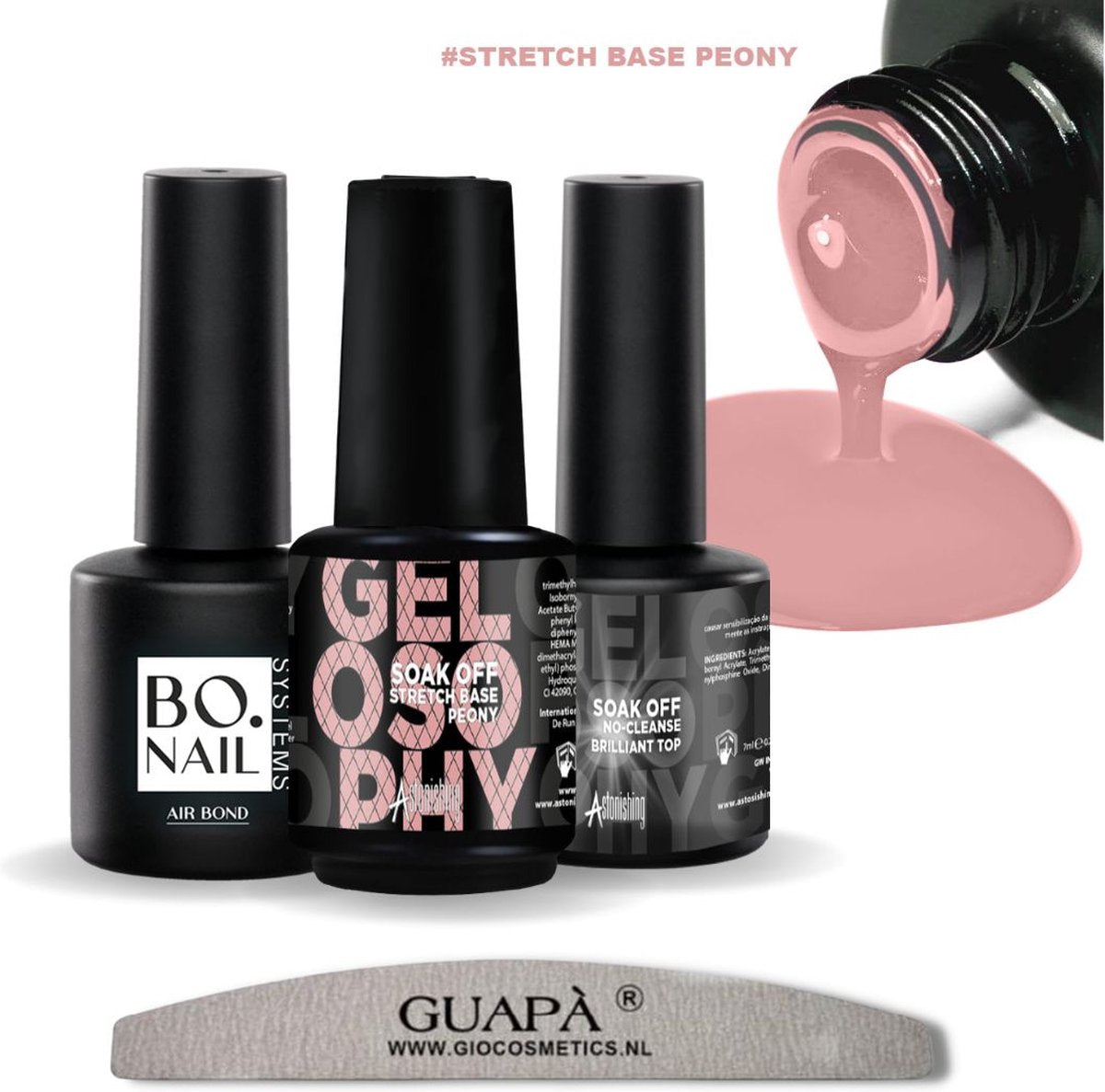 GUAPÀ® BIAB Builder Gel In A Bottle Kit | Primer | Top Gel | 7 ml Peony