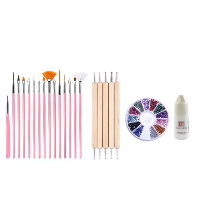GUAPÀ - Nagel Penselen Set Roze + Rhinestones Diverse Kleuren + Druppel & Dotting Pennen + Nagellijm - Nail Art, Acryl & Gel Nagels - 4 Delige Set - Gio Cosmetics