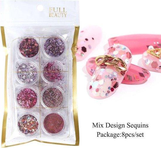 Glitter Poeder Nail Art Set - 8 Stuks - Rosé / Zilver / Roze / Glinster - Nagel Decoratie Strass - Gio Cosmetics