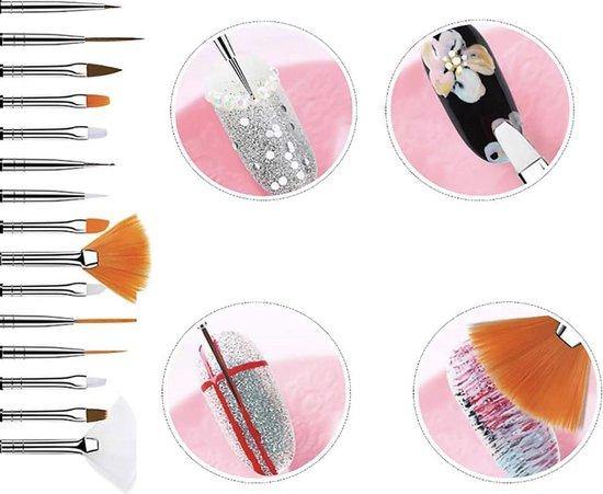 GUAPÀ Nail Art Penselen en Rhinestones Glitter Set Met 3D Strass Glitter Steentjes - 20 Delige Nagel Decoratie Set inclusief Nagellijm en Top Coat - Gio Cosmetics