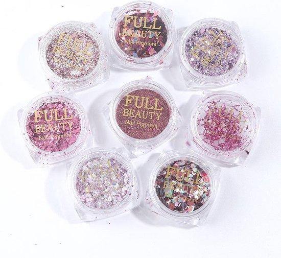 Glitter Poeder Nail Art Set - 8 Stuks - Rosé / Zilver / Roze / Glinster - Nagel Decoratie Strass - Gio Cosmetics