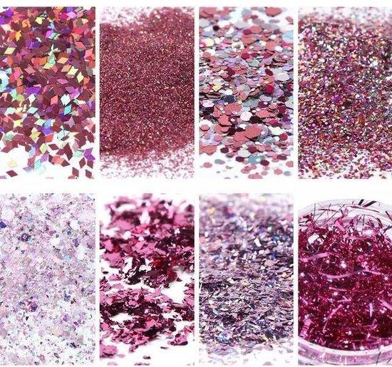 Glitter Poeder Nail Art Set - 8 Stuks - Rosé / Zilver / Roze / Glinster - Nagel Decoratie Strass - Gio Cosmetics