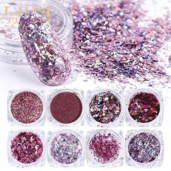 Glitter Poeder Nail Art Set - 8 Stuks - Rosé / Zilver / Roze / Glinster - Nagel Decoratie Strass - Gio Cosmetics