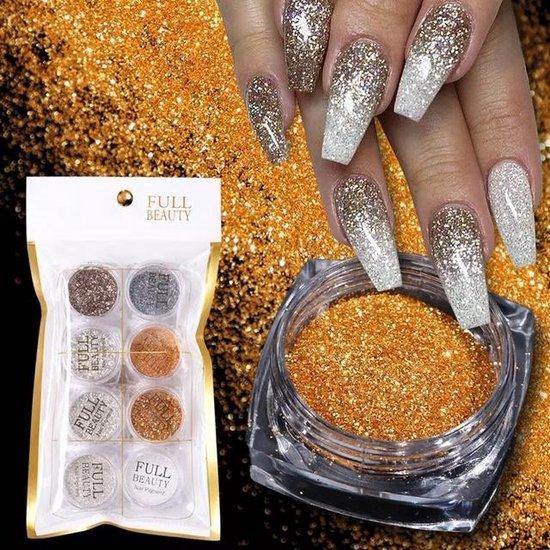Glitter Poeder Nail Art Set - 8 Stuks - Goud / Zilver / Brons - Nagel Decoratie Strass - Gio Cosmetics