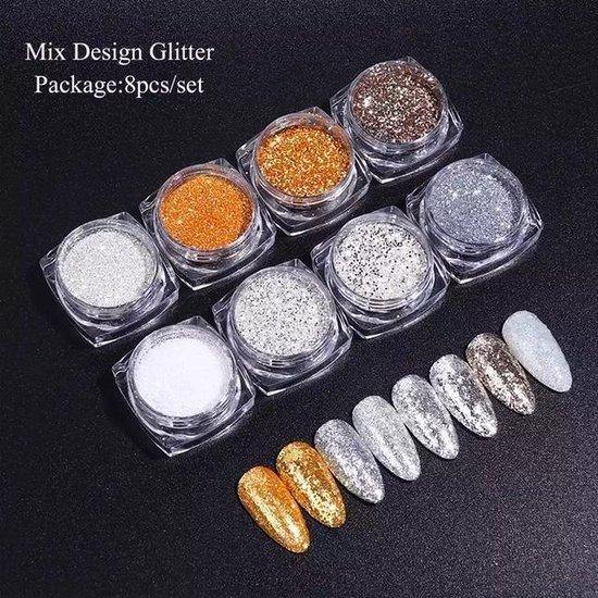 Glitterpoeder Nail Art set 2 x 8 stuks - Gio Cosmetics