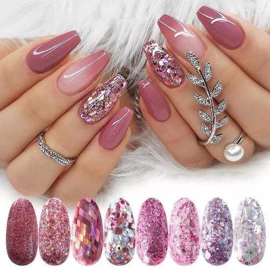 Glitter Poeder Nail Art Set - 8 Stuks - Rosé / Zilver / Roze / Glinster - Nagel Decoratie Strass - Gio Cosmetics