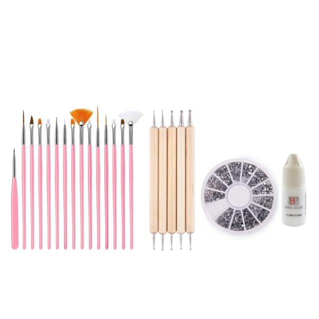 GUAPÀ - Nagel Penselen Set Roze + Rhinestones Zilver + Druppel & Dotting Pennen + Nagellijm - Nail Art, Acryl & Gel Nagels - 4 Delige Set - Gio Cosmetics