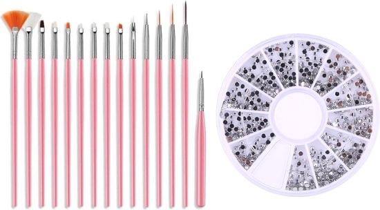 Nail Art Penselen Set + Rhinestones Caroussel Zilver - Gio Cosmetics