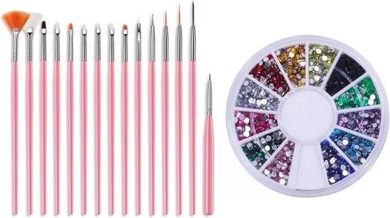 Nail Art Penselen Set + Rhinestones Caroussel Diverse Kleuren - Gio Cosmetics