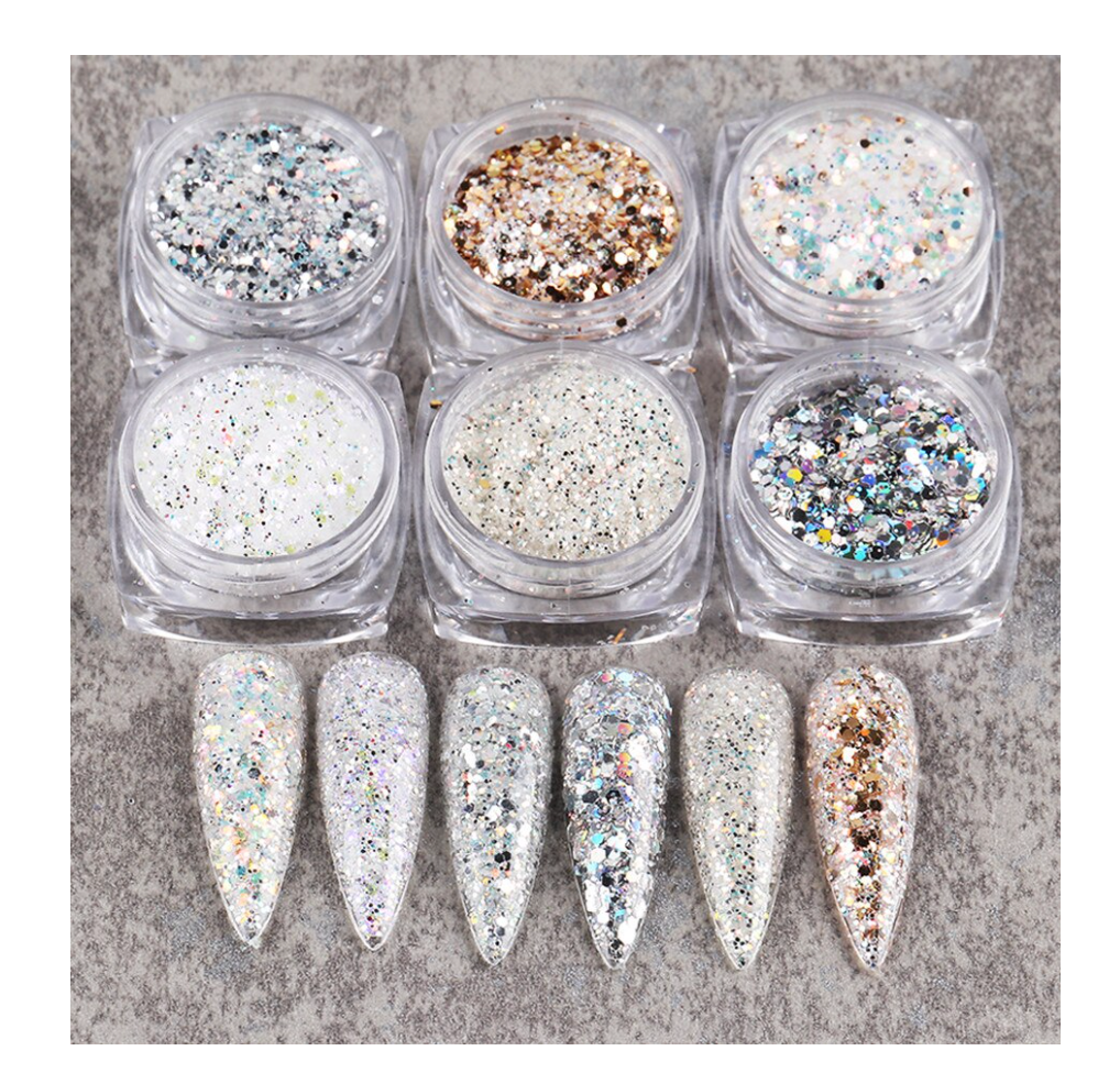 Glitter Poeder Nail Art Set - 6 Stuks - Parelmour / Zilver / Brons - Nagel Decoratie Strass - Gio Cosmetics
