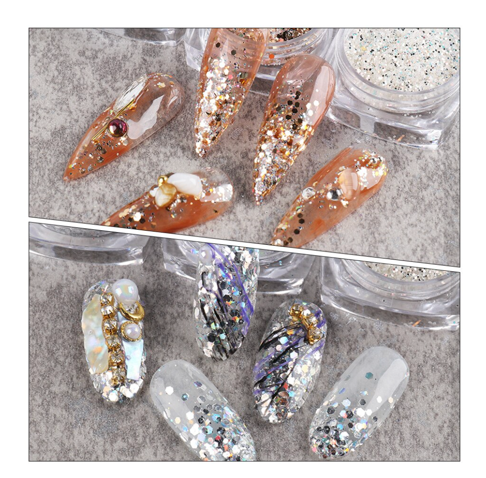 Glitter Poeder Nail Art Set - 6 Stuks - Parelmour / Zilver / Brons - Nagel Decoratie Strass - Gio Cosmetics