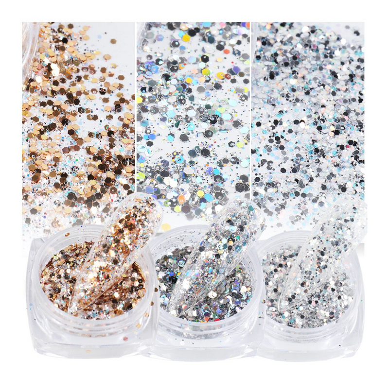 Glitter Poeder Nail Art Set - 6 Stuks - Parelmour / Zilver / Brons - Nagel Decoratie Strass - Gio Cosmetics